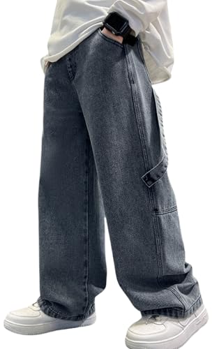 Happy Cherry   Niño Vaqueros Holgados Y2K Vintage Pantalones de Mezclilla Ancho Suelto Algodón Jeans Estilo Callejero Infantil Chico 5 14 Años Pantalón de Denim con Cintura Elástica   158 164   Gris