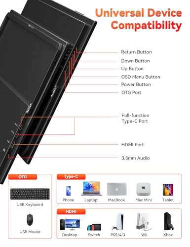 Image of HotYeah Portable Monitor, 18.5 inch 1080P 100Hz 125% sRGB Laptop Monitor USB-C HDMI External Computer Display HDR FreeSync w /Kickstand & Speaker, 2nd Screen for Laptop PC Mac Phone Tablet Switch PS5 Xbox