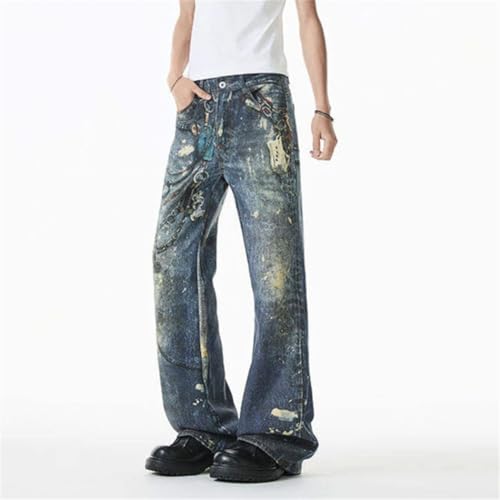 Men's Summer Bootcut Jeans, Chain Print Splash-Ink, Fashion Baggy Vintage Denim Pants3