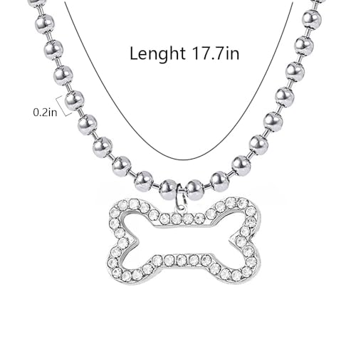 Punk Choker Y2k Sliver Gothic Choker For Women-Rhinestone Dog Bone Pendant Ball Chain Necklace3