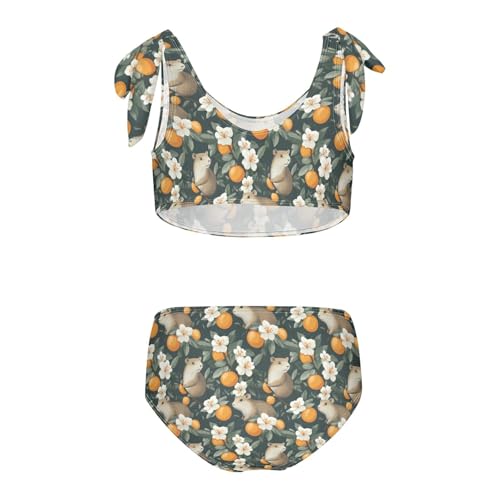 Cute Capybara Flowers Leaf Oranges Girls Tankini Swimsuit Kids Bikini Sets 2 Pcs Bathing Suit 3T2