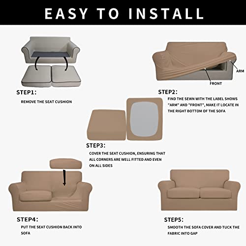 Image of Easy-Going Waterproof 3-Piece Loveseat Cover Couch Covers for Sofa | Stretch Spandex Sofa Cover Protector Bottom for 2 Cushion Couch Dog Pet Friendly Living Room Camel
