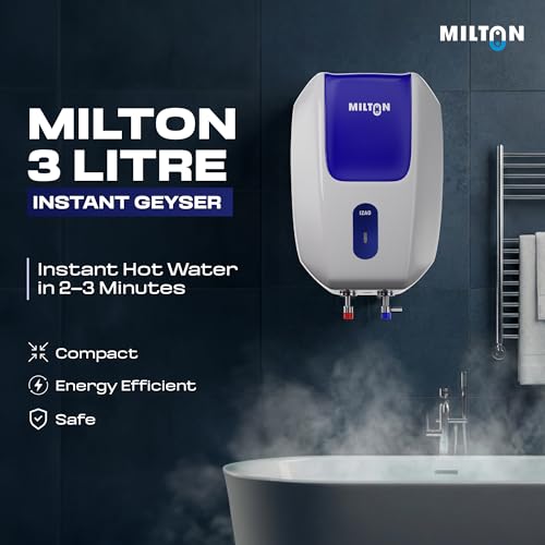Image of Milton 3 Litre Instant Water Geyser | Powerful 3000W Electric Geyser for Bathroom & Kitchen | Advanced Safety | Compact SS304 Tank | 2 Year Product Warranty & 5 Year Tank Warranty | Blue