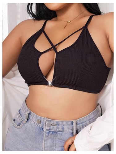 Women's Plus Size Criss Cross Front Closure Bra Cut Out Ribbed Knit Wireless Bralettes3