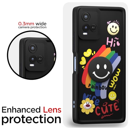 Image of Pikkme Back Cover for Vivo Y21 2021 / Y33s | Soft Silicone| Cute Rainbow Smile & 3D Cartoon Flower Design | Shockproof Raised Camera Protection Bumper Case (Black)