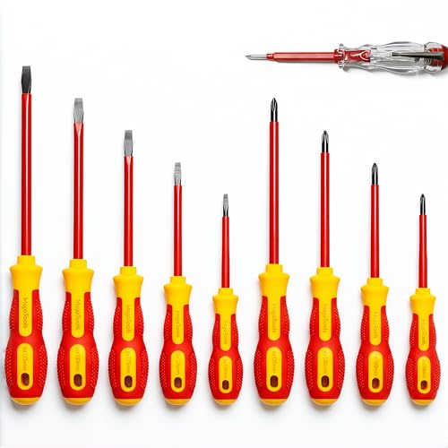 MoJoTools Insulated Screwdriver Set 1000V, 10-Piece Electrician Screwdriver Set with Voltage Tester & Zipper Case, Magnetic Tips, Cr-V Steel, Slim Ergonomic Grip (Slotted/Flathead & Phillips)