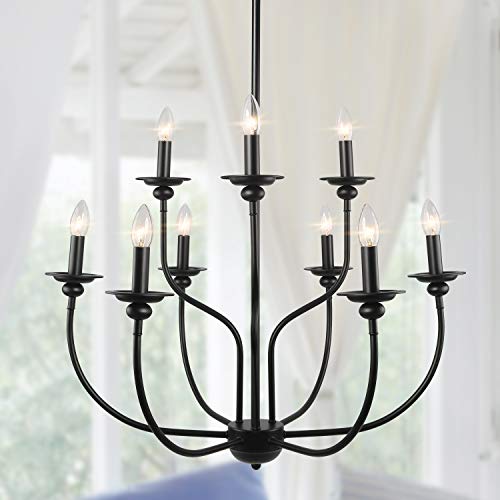 LNC Black Farmhouse Chandelier for Dining Room, Modern French Country Chandelier, 2-Tier 9-Light Foyer Light Fixture Hanging