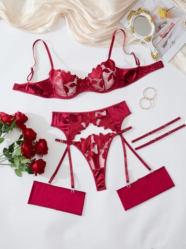 Image of Lilosy Sexy Leaf Floral Embroidered Mesh Sheer Women Underwire Push Up Lingerie Set