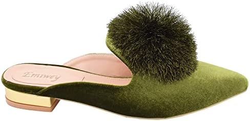Emiwey Women's Backless Comfort Slip On Loafers Flats Cute Pom Pom Mule Slippers Casual Shoes Green 8 M US | Image 1