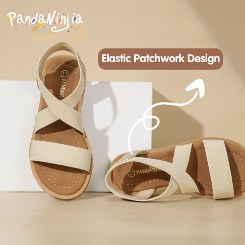 Image of PANDANINJIA Girls Sandals Slip-on Elastic Ankle Cross Strappy Gladiator Dress Sandals Flats Summer Shoes Little Big Kids Sandals