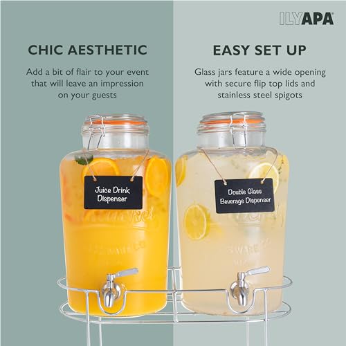 Ilyapa 2 pack 2 Gallon Glass Beverage Dispenser with Stand- Wide Mouth Mason Jar Drink Dispensers with Spigot - Leak Proof Glass Flip Top Lid by Ilyapa - Used condition - Image 7