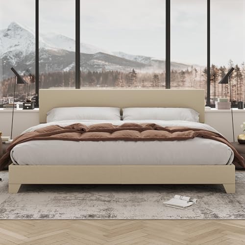 Allewie King Size Bed Frame with Adjustable Headboard, Upholstered Platform Bed with Wood Slats, Heavy Duty Mattress Foundation, No Box Spring Needed, Noise-Free, Easy Assembly, Beige