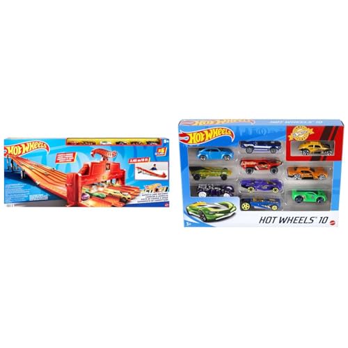 Bundle of Hot Wheels Playset with Lights, Sounds & 6 Vehicles, Super 6-Lane Raceway, 8-foot Track (Amazon Exclusive) + Hot Wheels Set of 10 Toy Trucks and Cars, Styles May Vary (Amazon Exclusive)