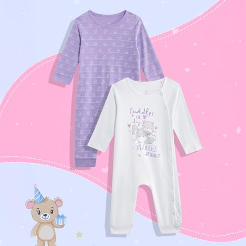 Image of Mothercare Girls Autumn Charm Printed Full Sleeve All-In-One Romper | Soft Cotton Jumpsuit Bodysuit for Baby & Toddler | (Pack of 2)