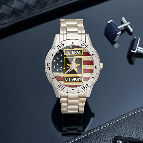 Special Design Military Us Army Veteran And American Flag Custom Men's Stainless Steel Analog Watch Sliver Metal Case, Tempered Glass #TOP4