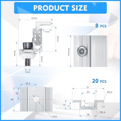 Zhengmy 1.06 Inch Solar Panel Bracket Aluminum Solar Mid Clam with Mounting Brackets 32-50 mm Clamps Adjustable End Panel Clamps(28 Pieces)