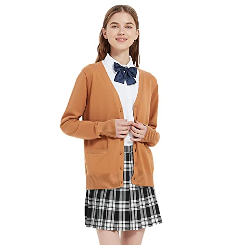 Image of Blostirno Women's Cardigan School Uniform Sweater Cardigans V-Neck Long Sleeve Button Down Knit with Pockets