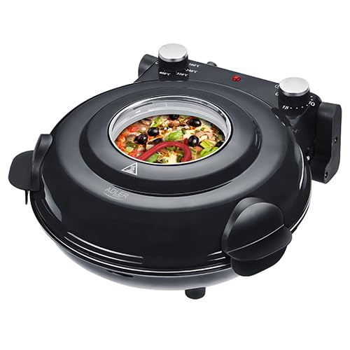 Adler Hornos de Pizza Eléctrico AD 6314, 40 cm, Horneado Express, Control de Temperatura hasta 400°C, Temporizador 15 min, Negro, con 2 Espátulas y Bandeja