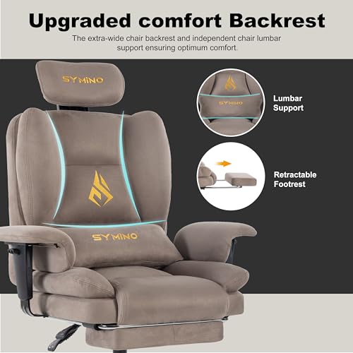 Image of Symino Gaming Chair with Foot Rest, Unique Up /Down Armrests, Twill Fabric Ergonomic High Back Chair, 155 Recline Solid Color Computer Desk Chair, Light Coffee