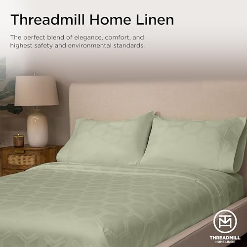 Image of Threadmill 100% Cotton Sheets for Queen Size Bed - 600 Thread Count Queen Bed Sheets Set with 16 inch Deep Pocket - Jacquard Sateen Weave 4-Piece Bedding Set with Cooling Effect, Sage Green
