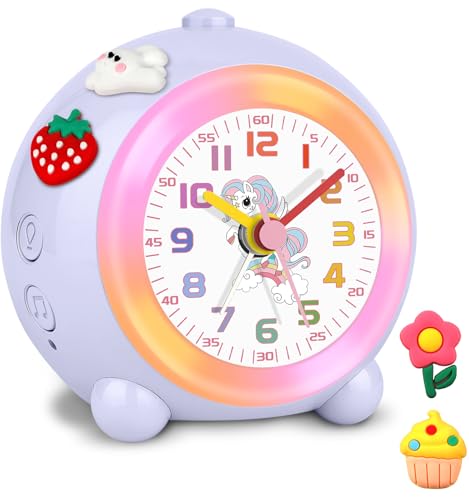 SOCICO Réveil analogique pour enfants filles, design licorne, silencieux, sans tic-tac, mignon réveil en forme de pêche analogique, avec lumière colorée,...