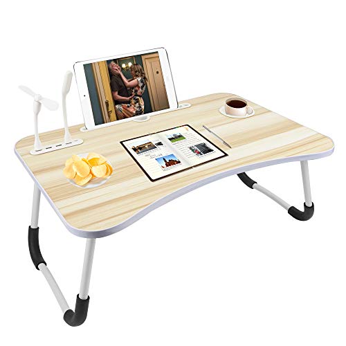 DolphinH+ Foldable Bed Table for Lap,Multi-Function Standing Laptop Bed Desk Tray wz Tablet Groove & USB Ports & Cup Holder,Portable Laptop Table Tray for Home Dorm Work Study,Beige