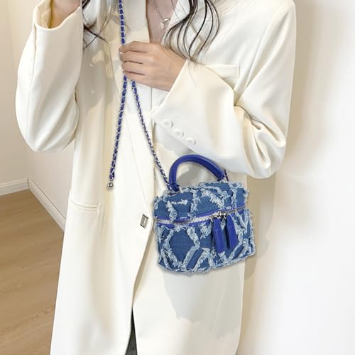 Image of Women Denim Mini Bucket Shoulder Crossbody Bag Drawstring Quilted Distressed Tassel Barrel Shape Satchel Purse