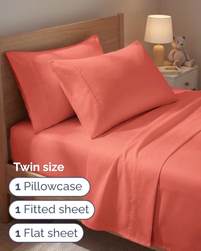 Image of Twin 4 Piece Bed Sheet Set - Comfy, Breathable & Cooling Sheets - Coral | Ultra Soft Hotel Luxury Bedding Set with 8-16 Inch Deep Pockets, 1 Flat & 1 Fitted Sheet & 2 Pillowcases, Wrinkle & Fade Free