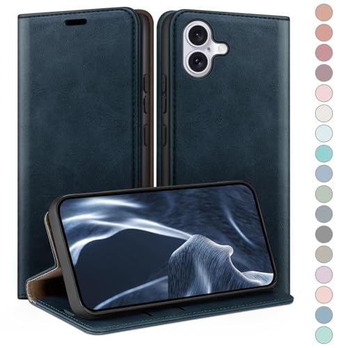 Coque iPhone 16 portefeuille bleu foncé avec fentes cartes et étui de protection RFID