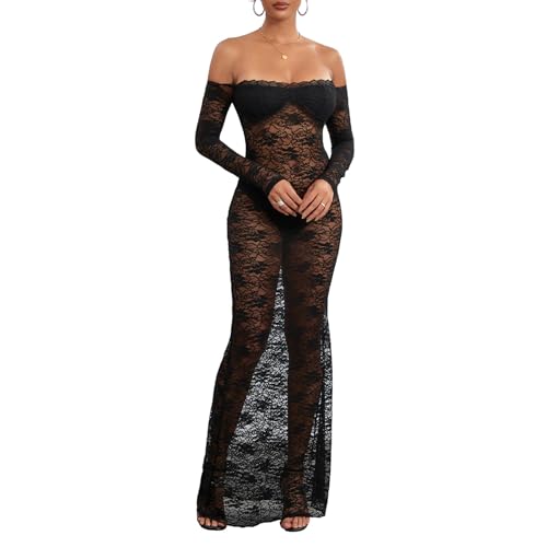 CocMouse Damen Vintage Y2k Spitze Maxikleid Langarm Schulterfrei Durchsichtiges Mesh Bodycon Kleid Sheer Club Langes Kleid, Schwarz , L