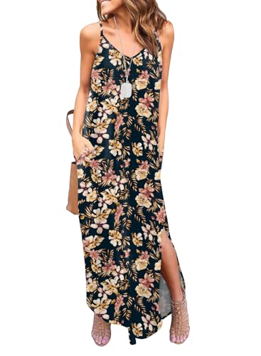 Image of HUSKARY Women's Summer Casual Sleeveless V Neck Strappy Split Loose Dress Beach Cover Up Long Cami Maxi Dresses with Pocket