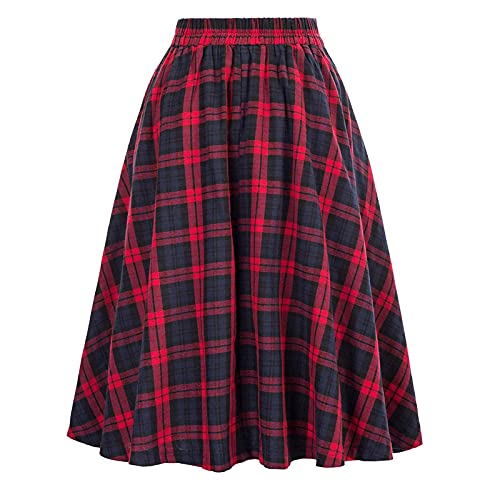 Vintage Red Plaid Skirt for Women High Waist Aline Pleated Midi Skirts with Buttons Back Elastic Waist Pleated Skirt