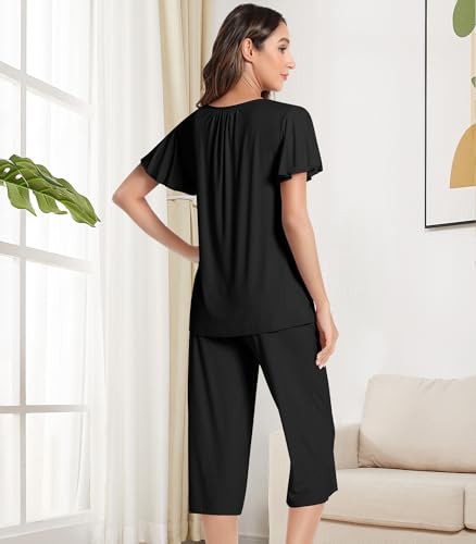 Image of NACHILA Bamboo Viscose Pajamas for Women Short Sleeve V Neck Capri Set