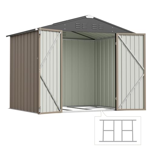 Image of Devoko 8 x 6 FT Storage Sheds with Floor Frame, Waterproof Garden Tool Shed with Lockable Door, Outdoor Metal Utility Shed for Backyard Patio Lawn, Brown