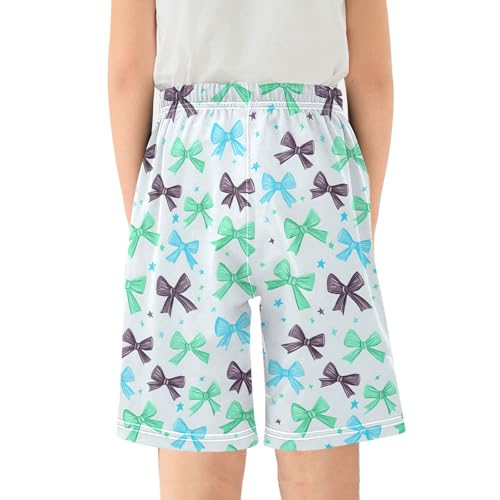 Blue Green Bow Sleep Shorts Summer Pajama Shorts Elastic Waist Sleep Bottoms with Pockets 6-14 Years2