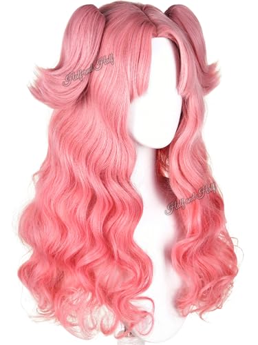 Image of Half and Half Tetia Cosplay Wig Peach Pink Anime Curly Ponytail Wig with Bangs Long Pink Wave Wigs for Women MagicGirl Wizard Halloween Party Daily