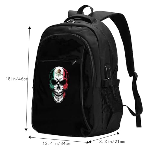 Skull Flag Of Mexico Travel Backpack, Extra Large 50L Laptop Backpacks for Men Women, College Backpacks Work Bag with USB Charging Port Fits 17 Inch Computer, Black2
