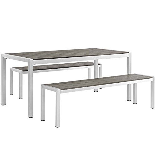 Modway Shore Aluminum Outdoor Patio 3-Piece Dining Set With 71" Rectangle Dining Table And Two 67" Benches In Silver Gray #TOP1