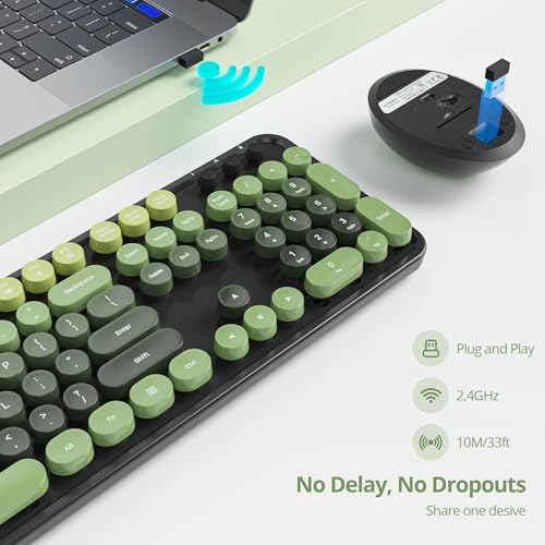 Image of Owpkeenthy Keyboard and Mouse Wireless, Cute Retro Full-Size Cordless Keyboard with Number Pad 2.4 GHz Wireless USB Receiver for Computer (Dark Green)