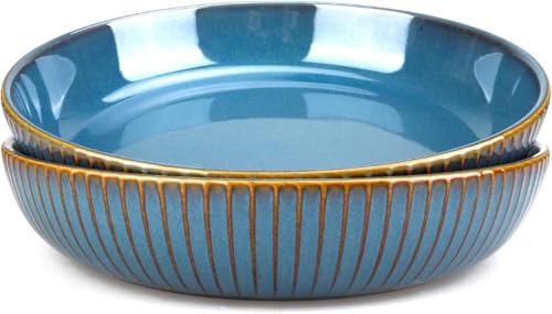 QIXIAOTOUQI 8'' Pasta Bowls,1000ml Large Salad Bowls Set of 2,Large Deep Plates Round Premium Blue Bowls Set for Salad, Pasta, Fruit,Microwave & Dishwasher Safe, Stackable, Easy Clean