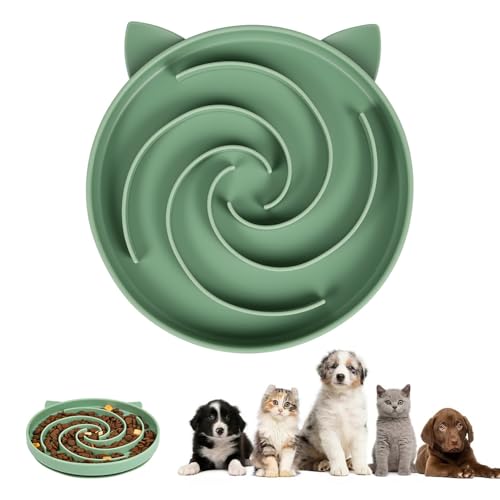 Alaoo Ciotola Anti Ingozzamento, 1pcs Ciotola in Silicone per Slow Food, Con Base Antiscivolo, Ciotola Interattiva per Mangiare lentamente, Adatto a Gatti e Cani di Piccola Taglia(Verde Militare)
