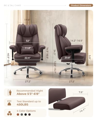 Image of Big and Tall Office Chair, Computer Desk Chair with FootRest, Coffee | High Back Leather Gaming Chair with Lumbar Support, Heavy Duty Ergonomic Executive Office Chair for Home Office Gaming