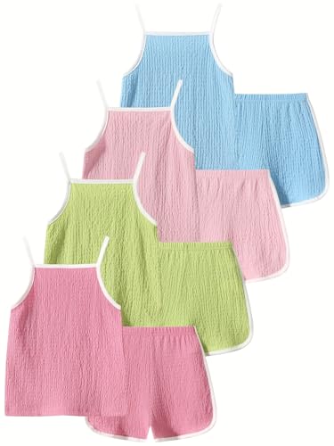 Image of Girls Summer Clothes 4 Piece Cute Outfits Cami Tank Top and Dolphin Shorts Sets for Kid Casual, Dance, Beach