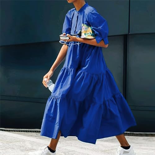 Image of chouyatou Women's Summer Puff Sleeve Maxi Tiered Babydoll Dress Casual A-Line Swing Long Shirt Dress