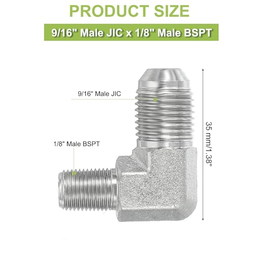 Image of PATIKIL 90 Degree Pipe Adapter, 9 /16 inch Male 37 Flare JIC x 1 /8 inch BSPT Male Connector Carbon Steel Elbow Fitting for Air Hydraulic Fluid Fuel Water Oil, Silver