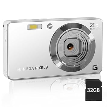 Digital Camera, 4K Digital Camera for Photography, Digital Point and Shoot Camera with 56Mp Autofocus 20X Zoom, 20X Digital Zoom, 32G Anti-Shake Sd Card (Silver)
