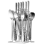 24 Piece Silverware Set with Hanging holder,Stainless Steel Flatware Cutlery Set-Fork Spoon and Knife Service for 6,Kitchen Utensil Tableware Set,Mirror Polished,Dishwasher Safe,Silvery
