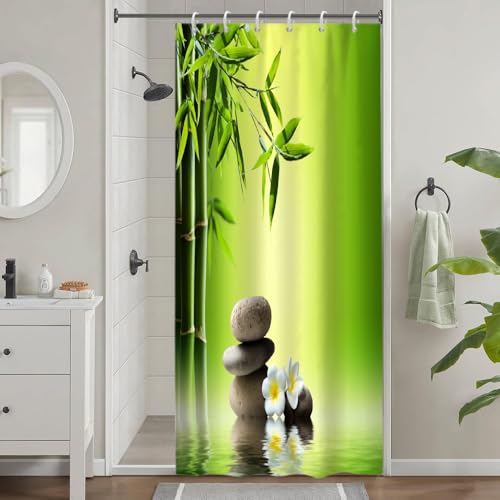 Uiiooazy Cortina de ducha estrecha 90 x 180 cm, cortina de ducha antimoho, verde salvia, bambú, hojas verdes, piedras grises, cortinas de ducha, tela, lavable, resistente al agua, poliéster, cortina