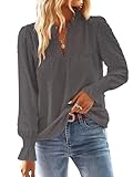 TUUHAW Shirt Langarm Damen Boho Herbst Bluse Fließend Tunika Elegant V Ausschnitt Longsleeve Top Oberteile Lässig Outfits Spitze Kleidung Frühling Winter Dunkelgrau L