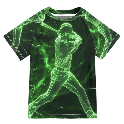 Boys Short Sleeve T-Shirts Doodle Baseball Neon Green Rashguard Kids Swim Shirts Sun UPF 50+